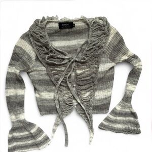 RHNDE Striped Knit Cardigan Distressed "ripped" Collar & Bell Sleeves M